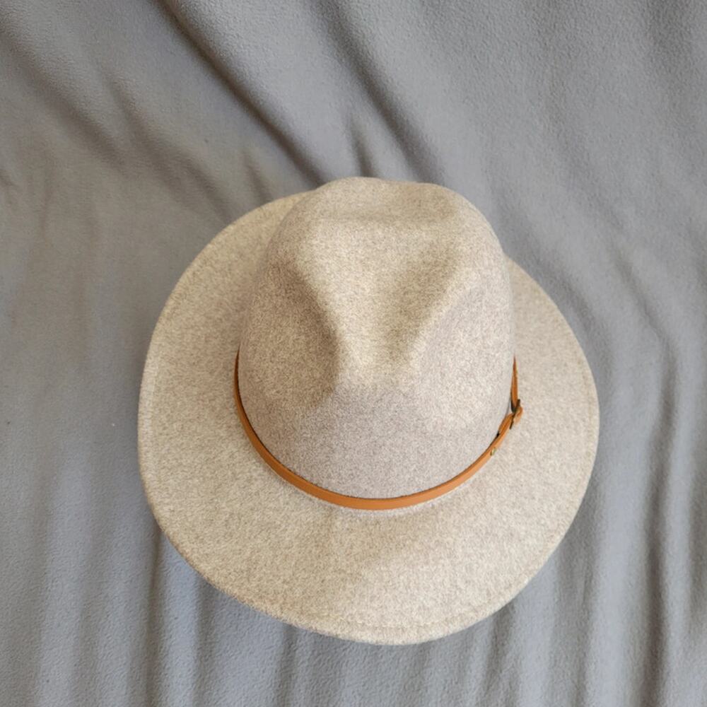 Beige Wool Blend Fedora Hat Thin Strap Classic Style Project Hat Asymetric - Picture 13 of 13